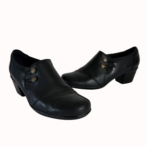 Clarks Black Ankle Bootie Shoes Size 9.5 Leather Button Accent Comfort Cushion - Picture 14 of 14